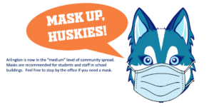 image of Husky wearing a mask saying "Mask Up Huskies" since Arlington is in the medium level of COVID transmission