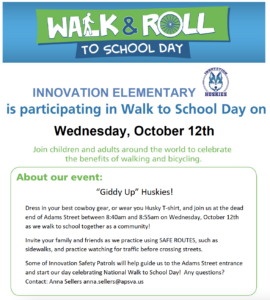 Walk, Bike, or Roll to School logo and information for 10/12/22