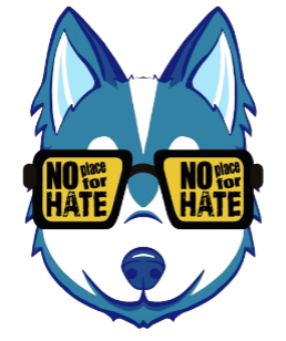Innovation husky mascot wearing sunglasses that say "No Place for Hate"