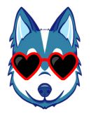 husky mascot wearing heart-shaped sunglasses