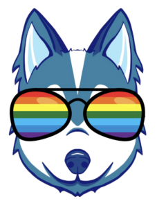 husky mascot wearing rainbow sunglasses