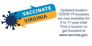 Image of COVID molecule with the words "Vaccinate Virginia" and information for 5-11-year-olds to register to receive a COVID booster shot.