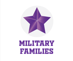 purple star on grey circle with words "military families"
