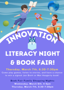 details about Innovation literacy night and book fair on March 7th from 6:30-7:30pm