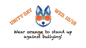 Husky wearing orange sunglasses with the words Unity Day on Wed. Oct 18, wear orange to stand up against bullying