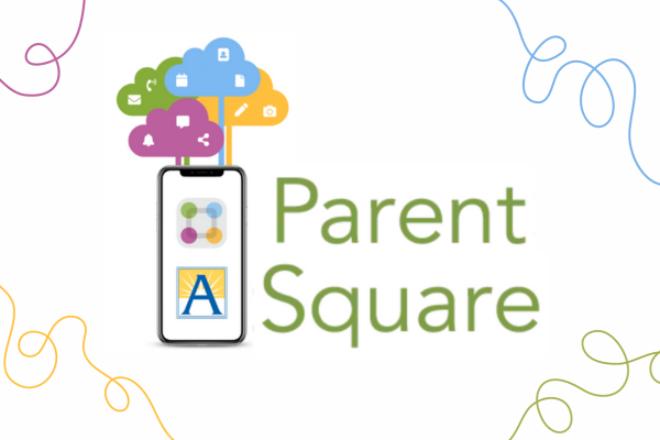 Image of Cell Phone with words "Parent Square" and APS logo with colorful squiggles on the corners
