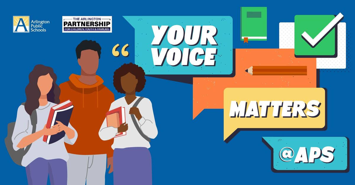 Graphics for APS and Arlington Partnership for Children, Youth, and Families, with the words "Your Voice Matters @ APS"