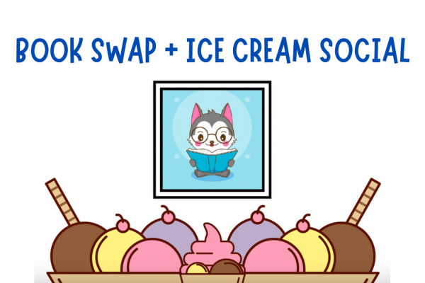 images of ice cream and a husky reading a book with the words, "Book Swap and Ice Cream Social"