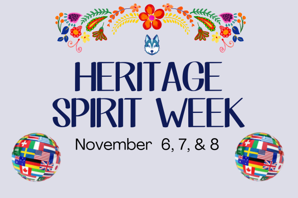 colorful floral background with words, "Heritage Spirit Week November 6, 7, & 8"