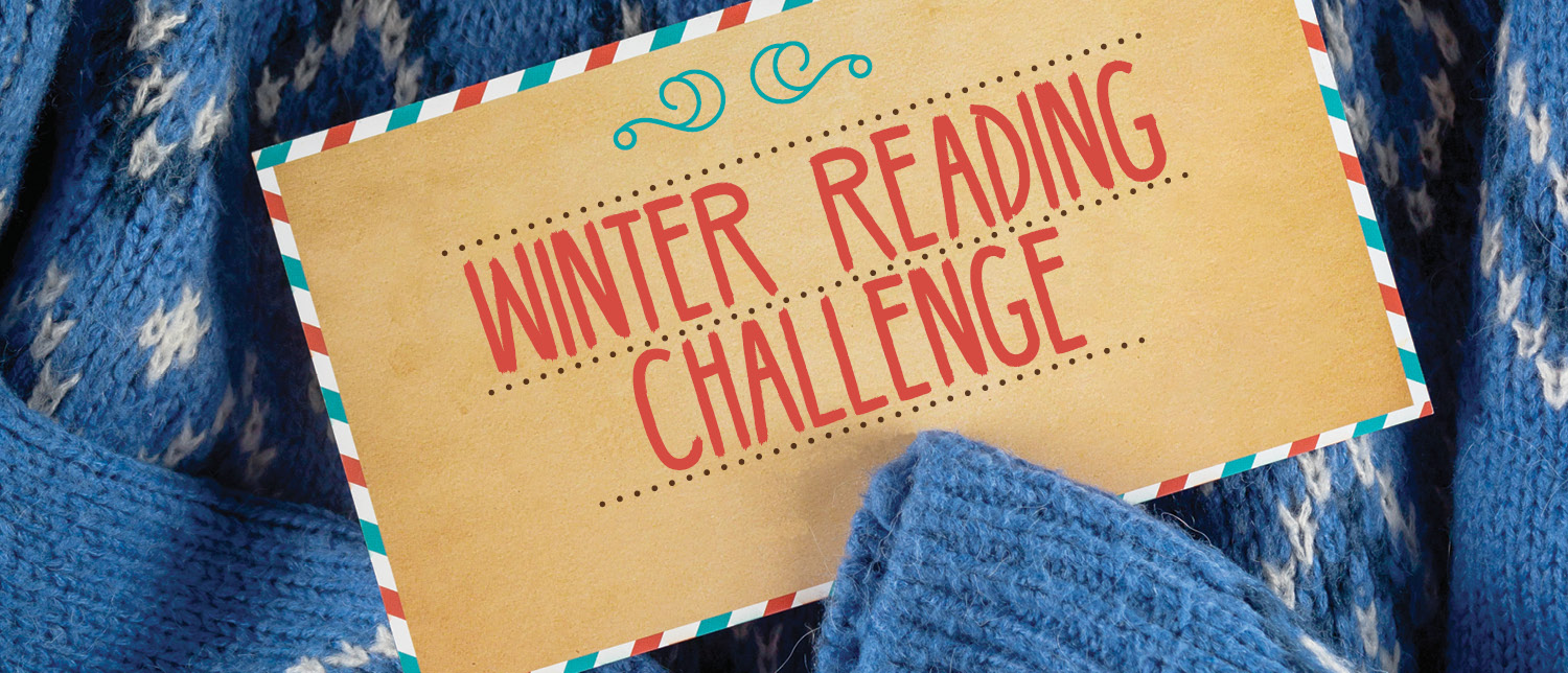 image of a card that says, "Winter Reading Challenge" surrounded by a warm, cozy sweater